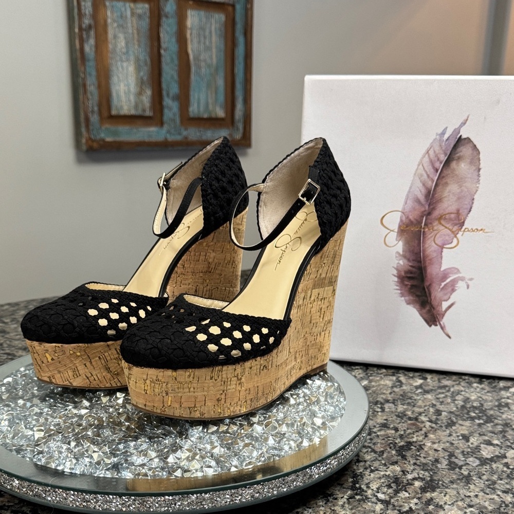 Jessica Simpson Black Crochet Wedges with Cork Platform NEW 9